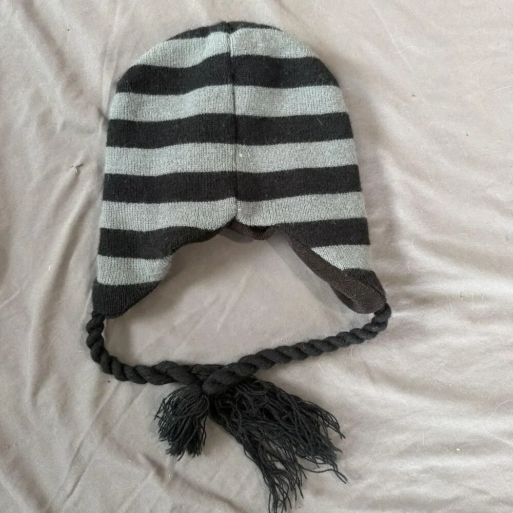 Teenage Mutant Ninja Turtles Ear Flap Knit Beanie‎ Hat Black Gray Stripes Kids